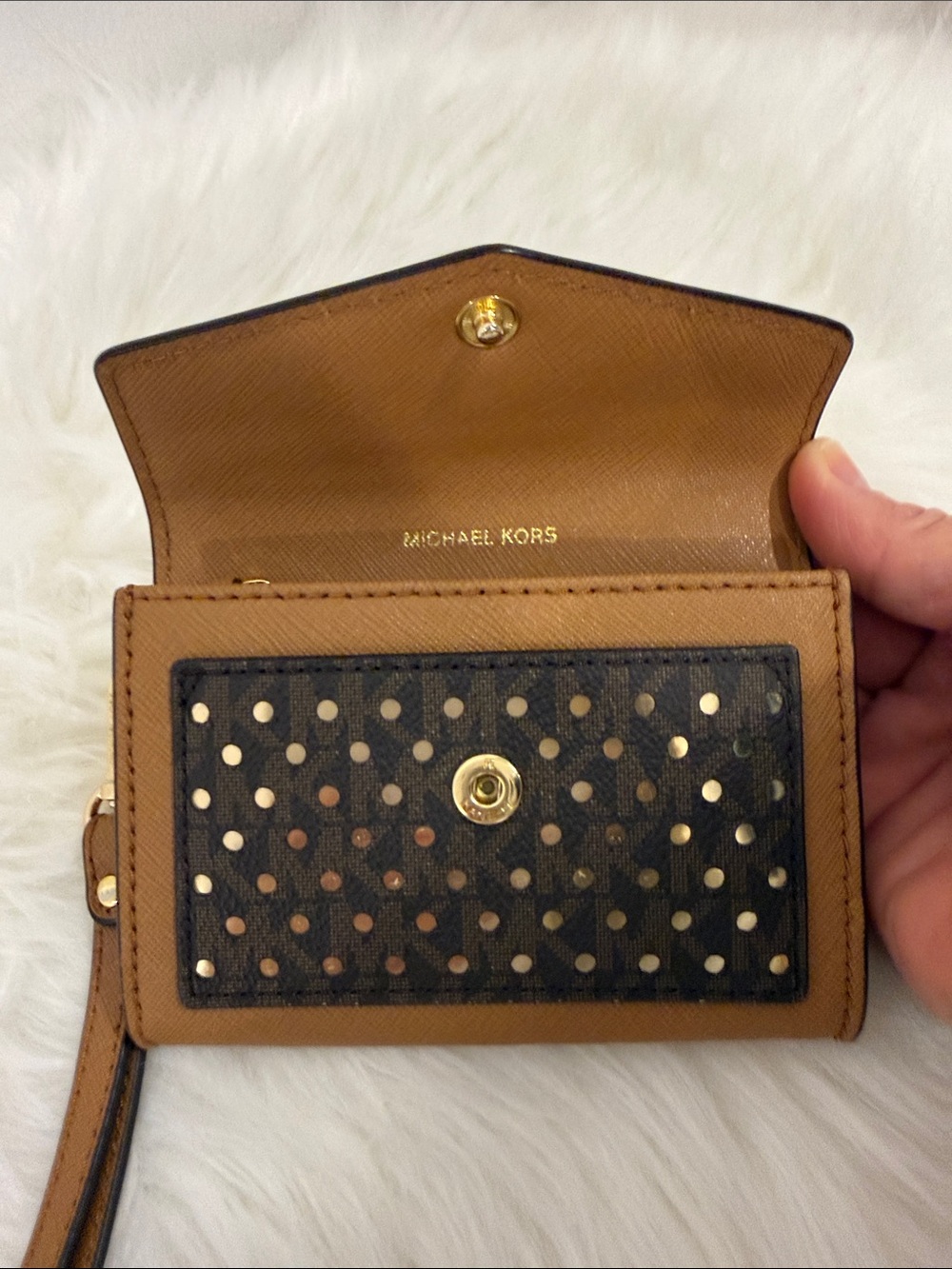 Michael Kors Tan Wallet with Black Studded Front and Gold Accents